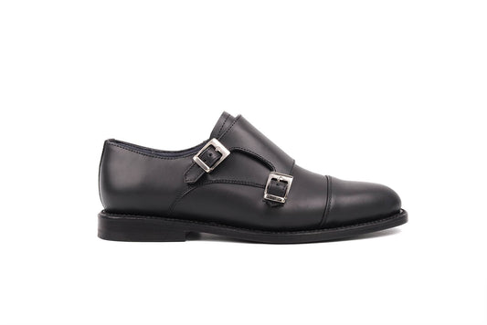 Captoe Monkstrap de piel color negro para mujer, Goodyear welt — Miles & Louie